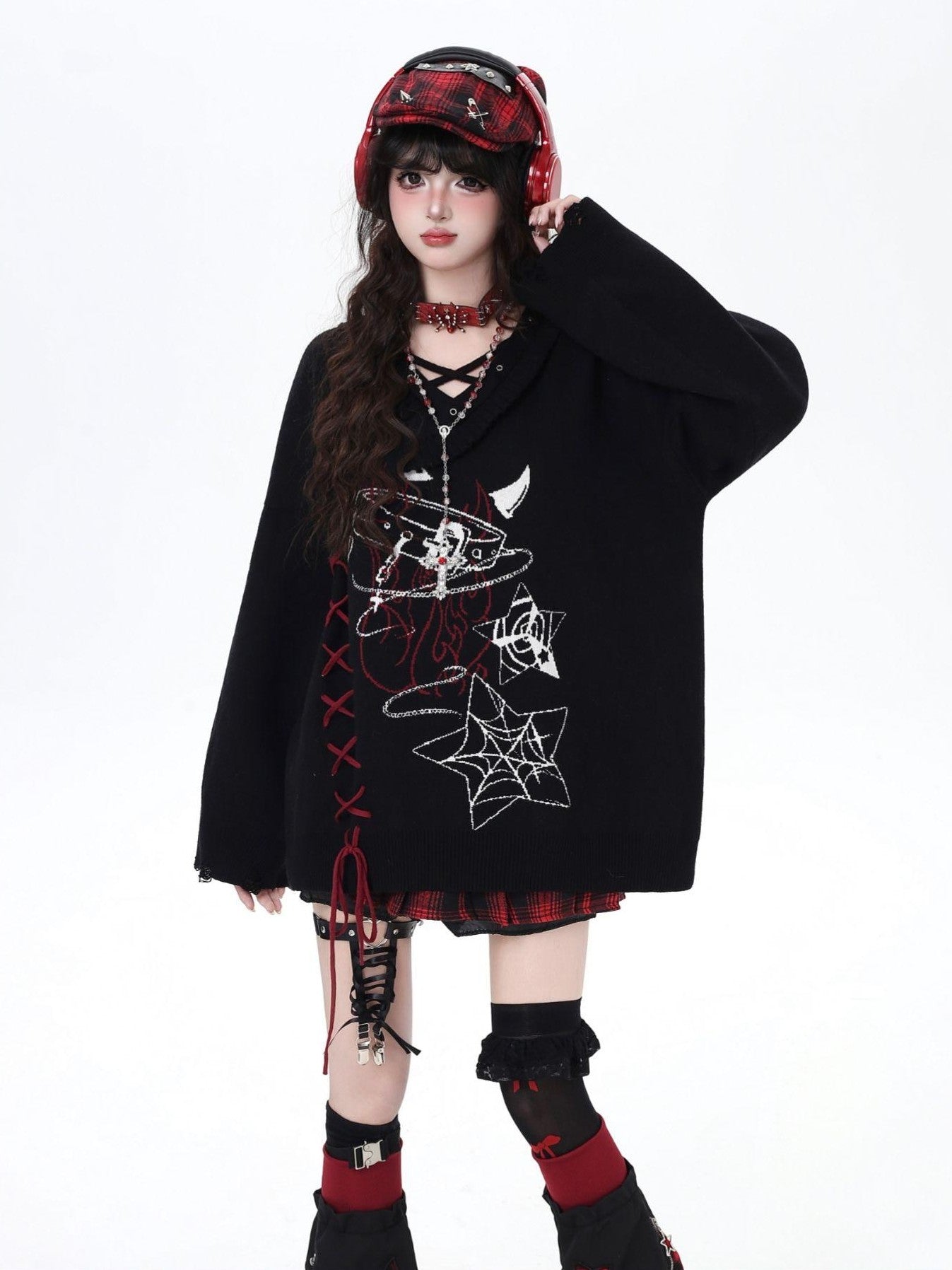 Crazy Girl Solid Gothic Crisscross Strap Loose Casual Women&
