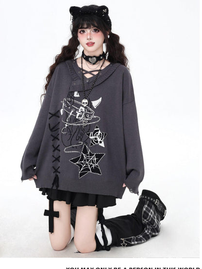 Crazy Girl Solid Gothic Crisscross Strap Loose Casual Women&