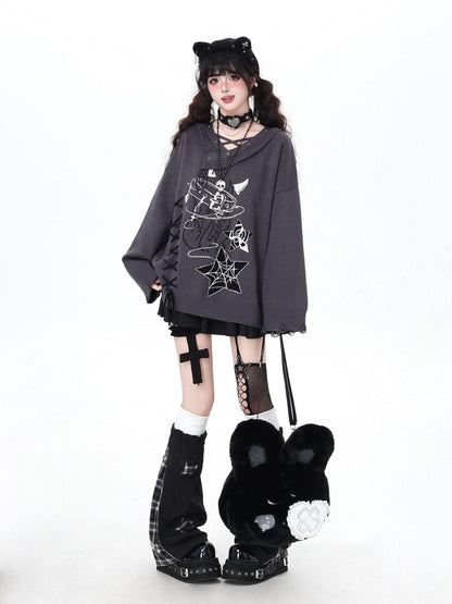 Crazy Girl Solid Gothic Crisscross Strap Loose Casual Women&