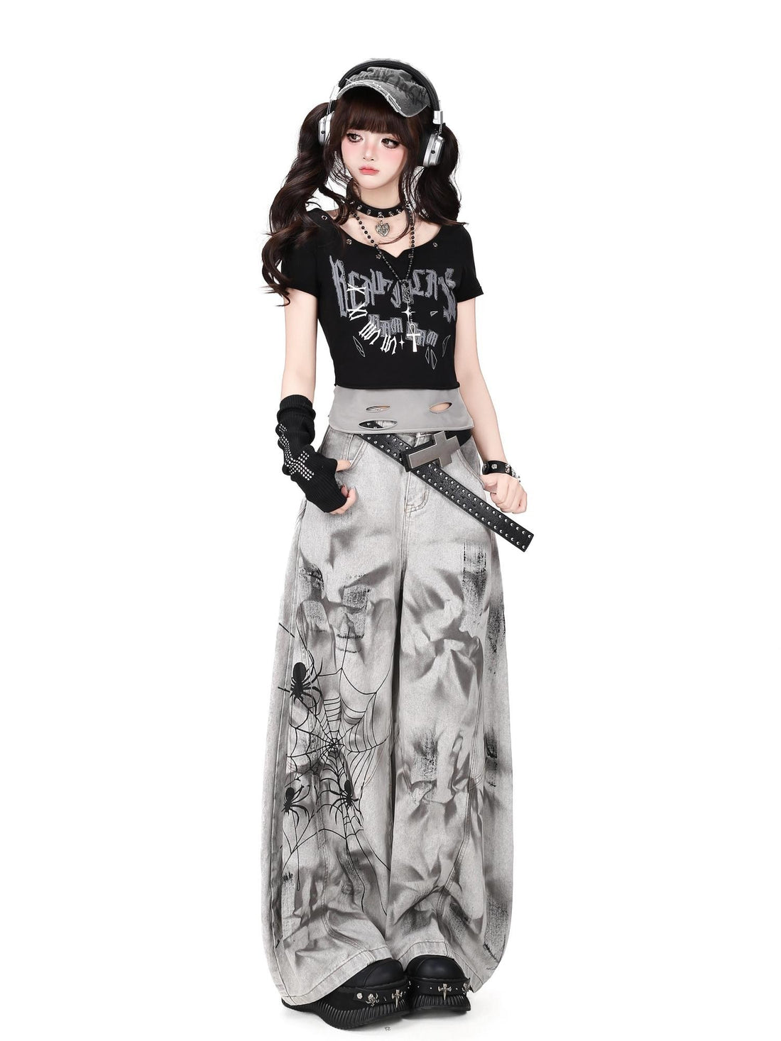Crazy Girl Spiderweb Tie Dye Zipper High Waist Women&