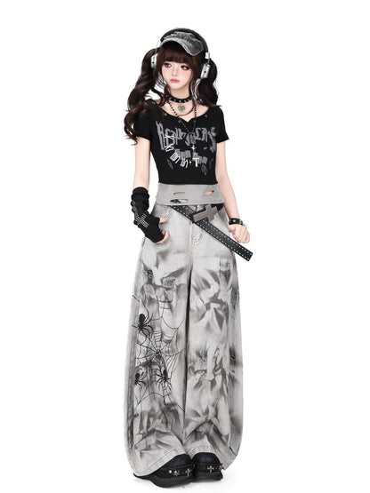 Crazy Girl Spiderweb Tie Dye Zipper High Waist Women&