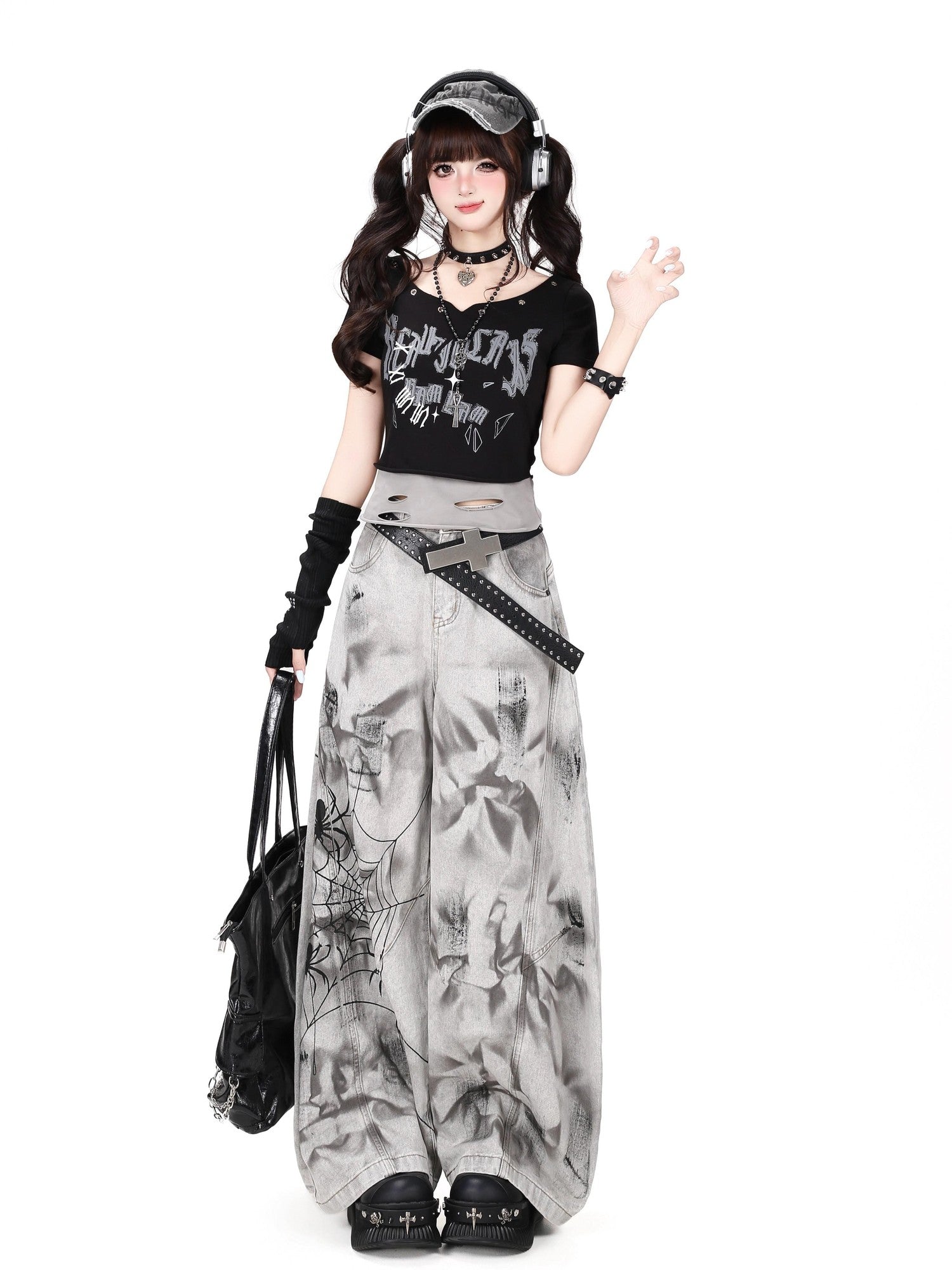 Crazy Girl Spiderweb Tie Dye Zipper High Waist Women&