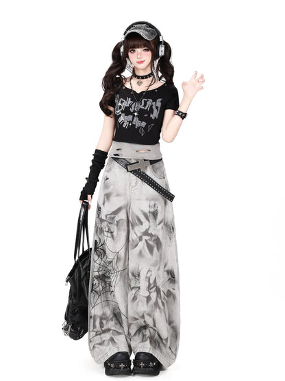 Crazy Girl Spiderweb Tie Dye Zipper High Waist Women&