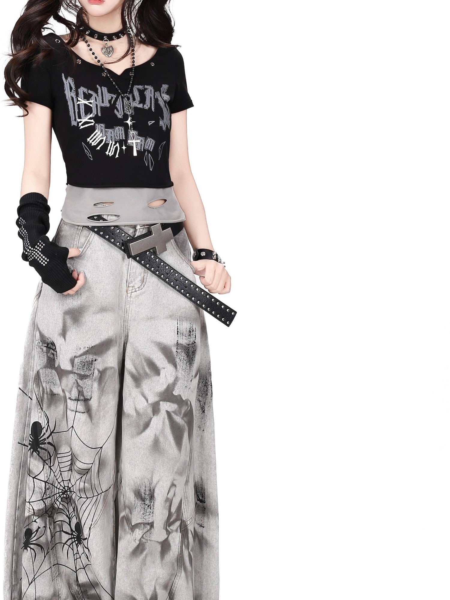 Crazy Girl Spiderweb Tie Dye Zipper High Waist Women&