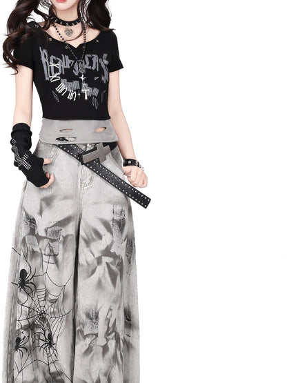 Crazy Girl Spiderweb Tie Dye Zipper High Waist Women&
