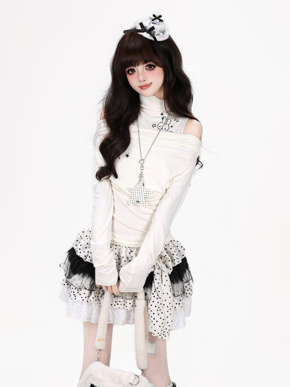 Crazy Girl Spliced Faux Two Piece Mock Neck Slim Fit Women&