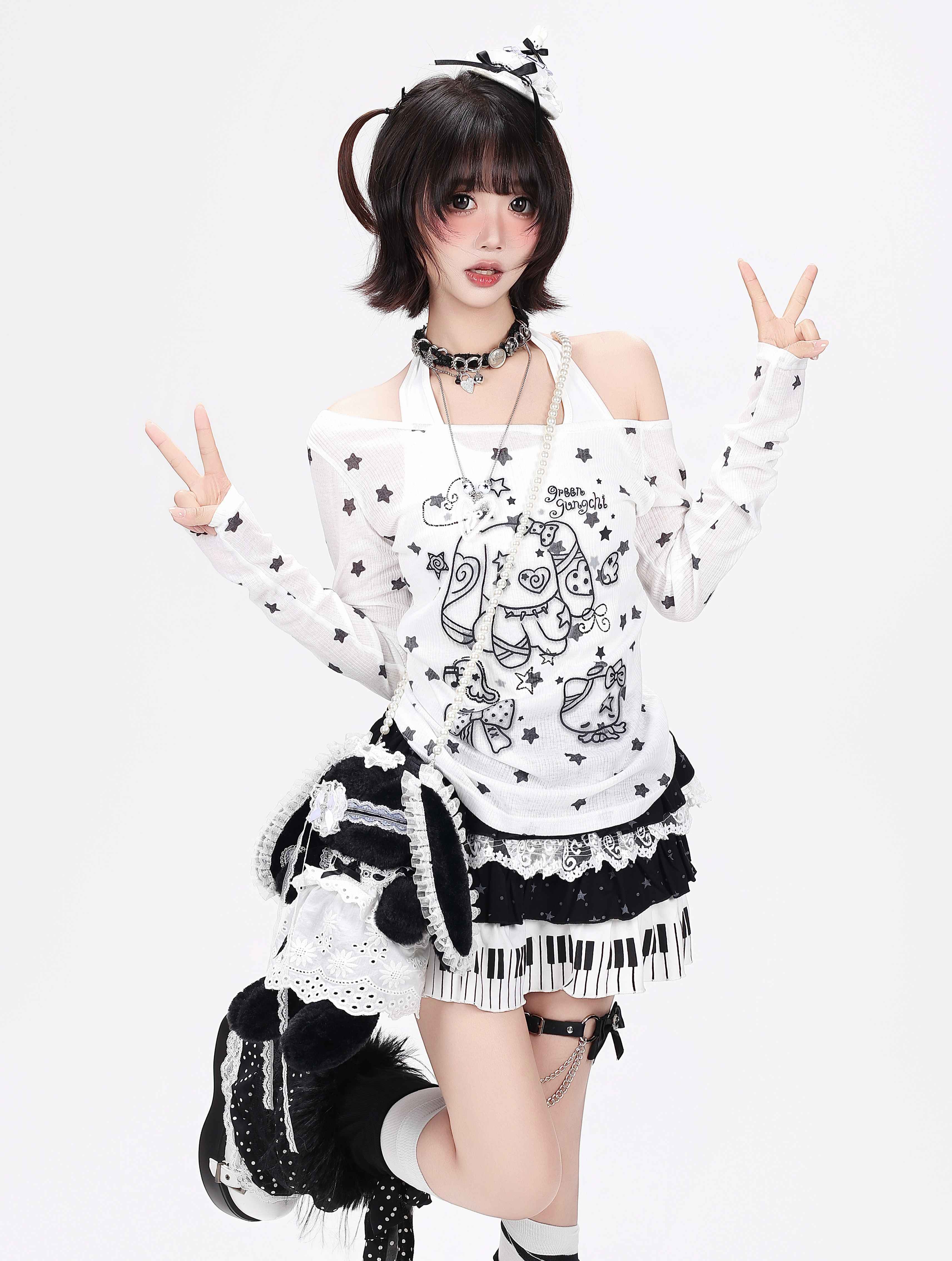 Crazy_Girl_Star_Bow_Print_Splice_Slim_Fit_Round_Neck_Women&