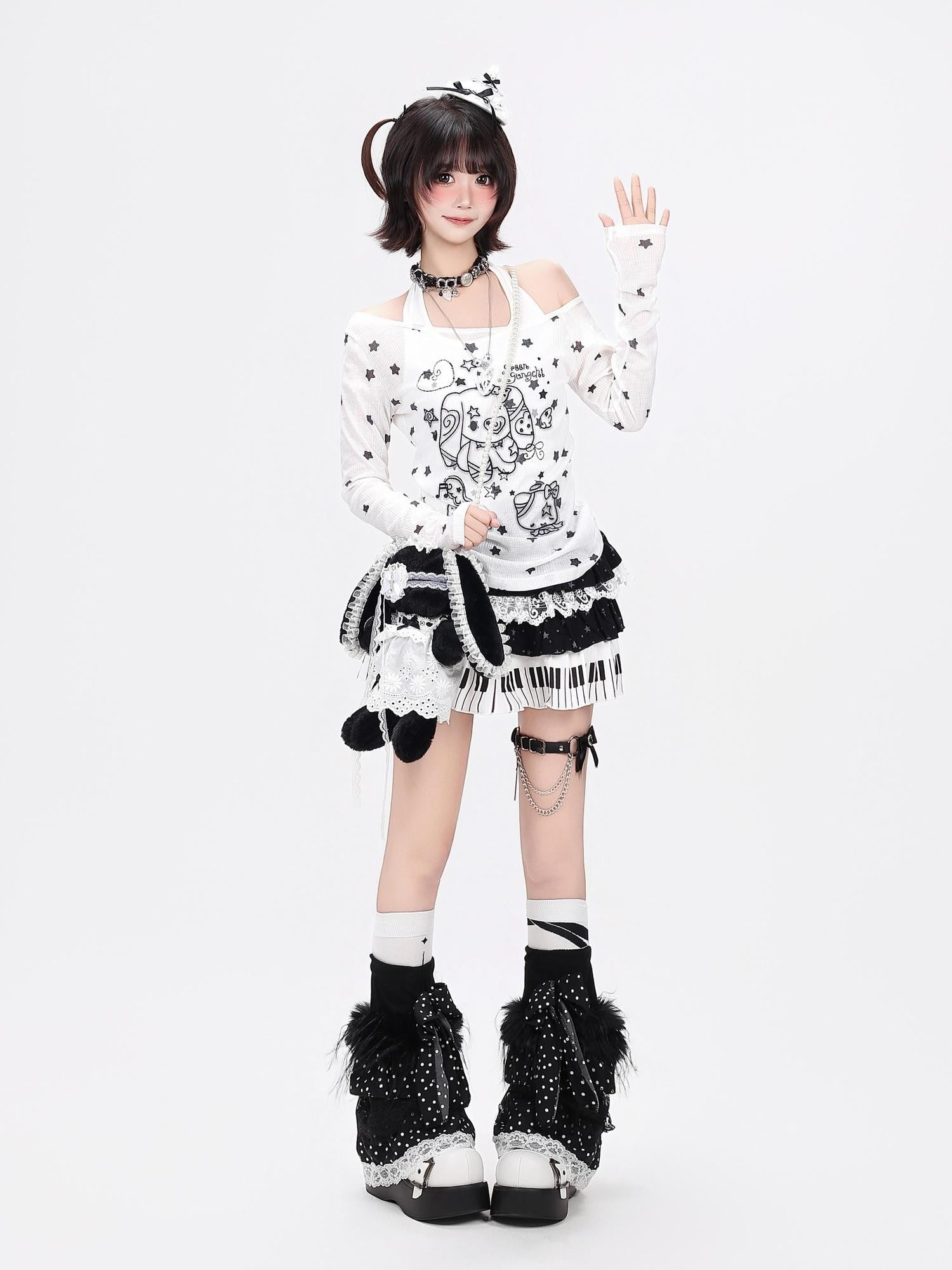 Crazy Girl Star Bow Print Splice Slim Fit Round Neck Women&