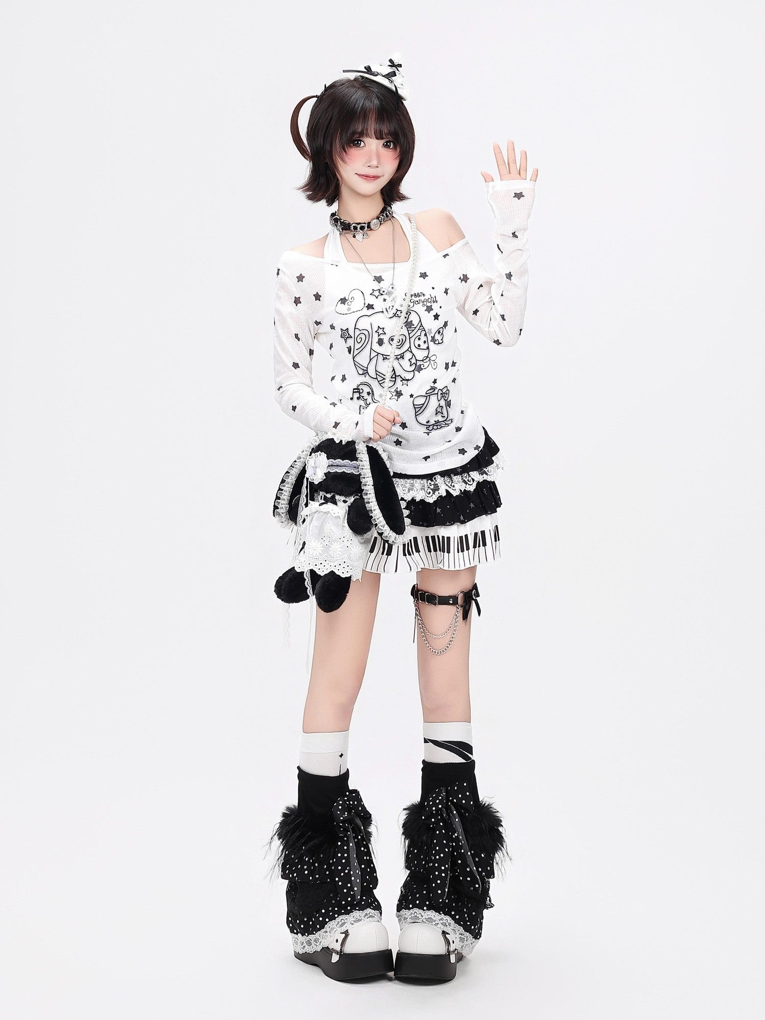 Crazy Girl Star Bow Print Splice Slim Fit Round Neck Women&