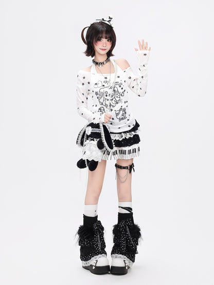 Crazy Girl Star Bow Print Splice Slim Fit Round Neck Women&