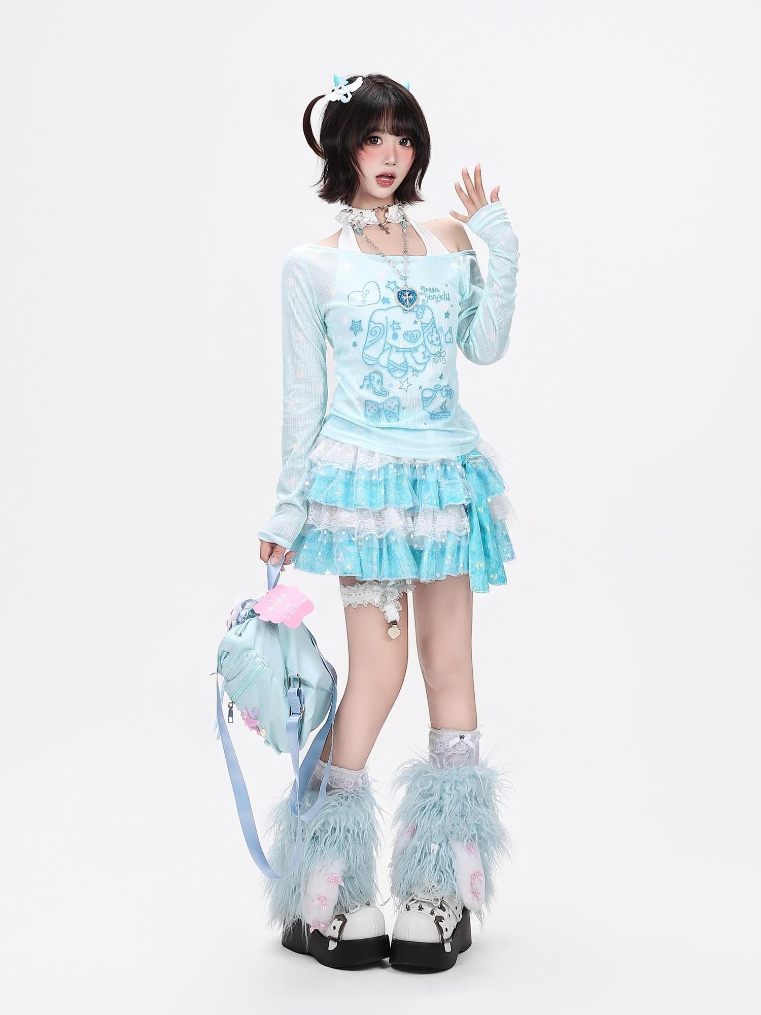 Crazy Girl Star Bow Print Splice Slim Fit Round Neck Women&
