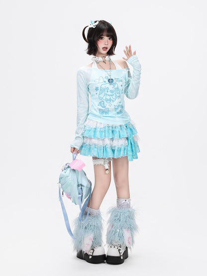 Crazy Girl Star Bow Print Splice Slim Fit Round Neck Women&