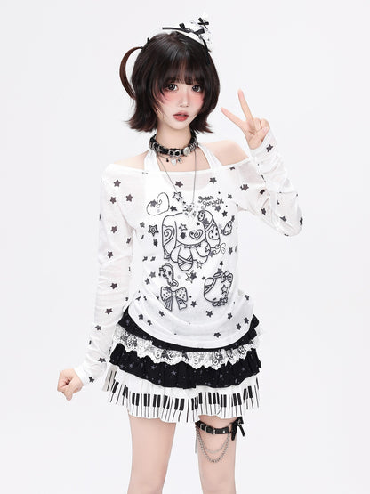 Crazy Girl Star Bow Print Splice Slim Fit Round Neck Women&