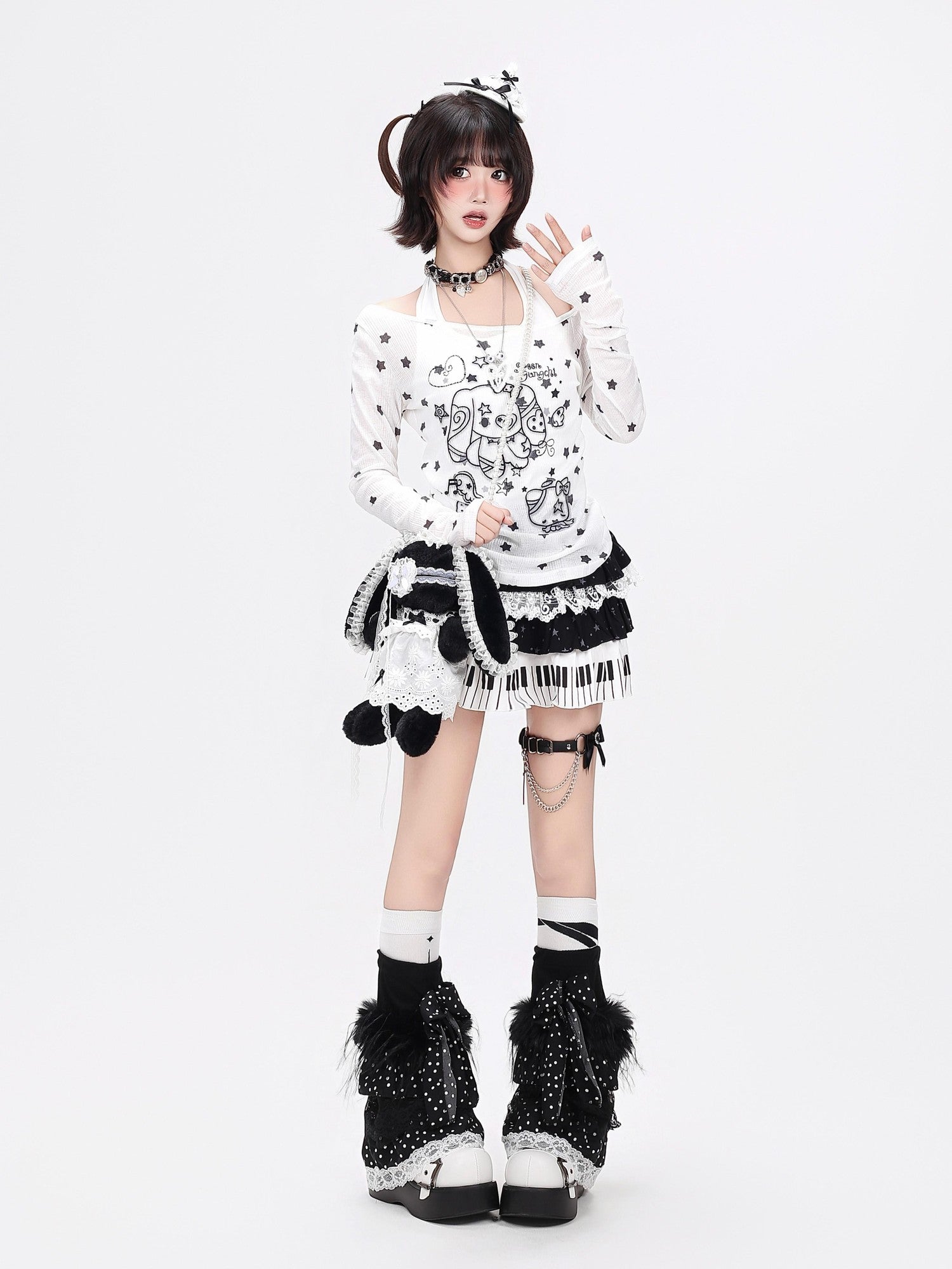 Crazy Girl Star Bow Print Splice Slim Fit Round Neck Women&