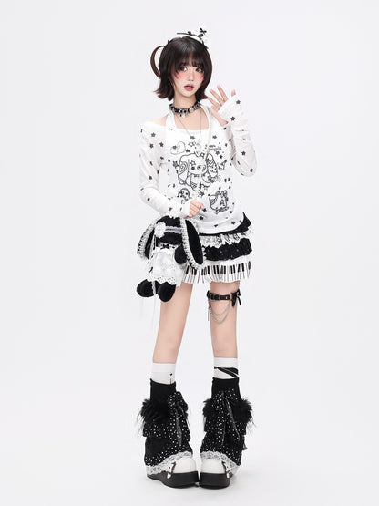 Crazy Girl Star Bow Print Splice Slim Fit Round Neck Women&