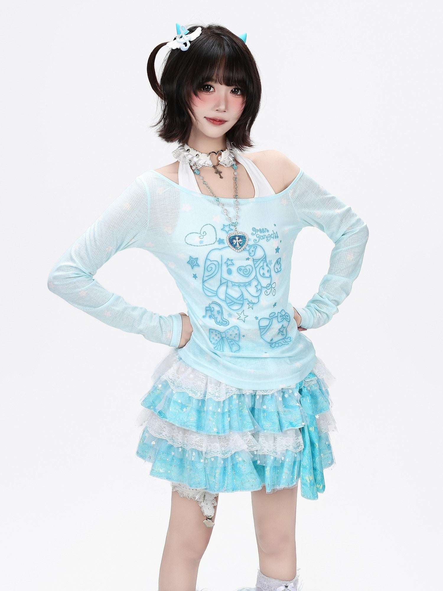 Crazy Girl Star Bow Print Splice Slim Fit Round Neck Women&
