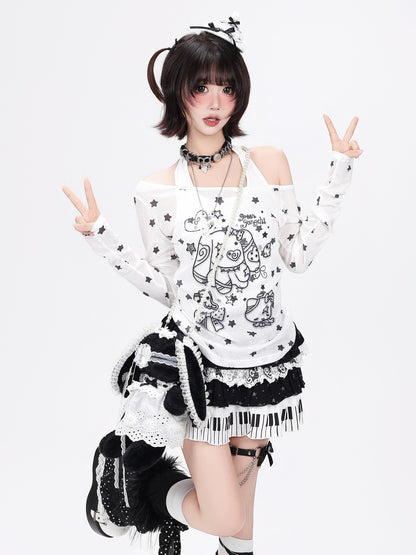 Crazy Girl Star Bow Print Splice Slim Fit Round Neck Women&