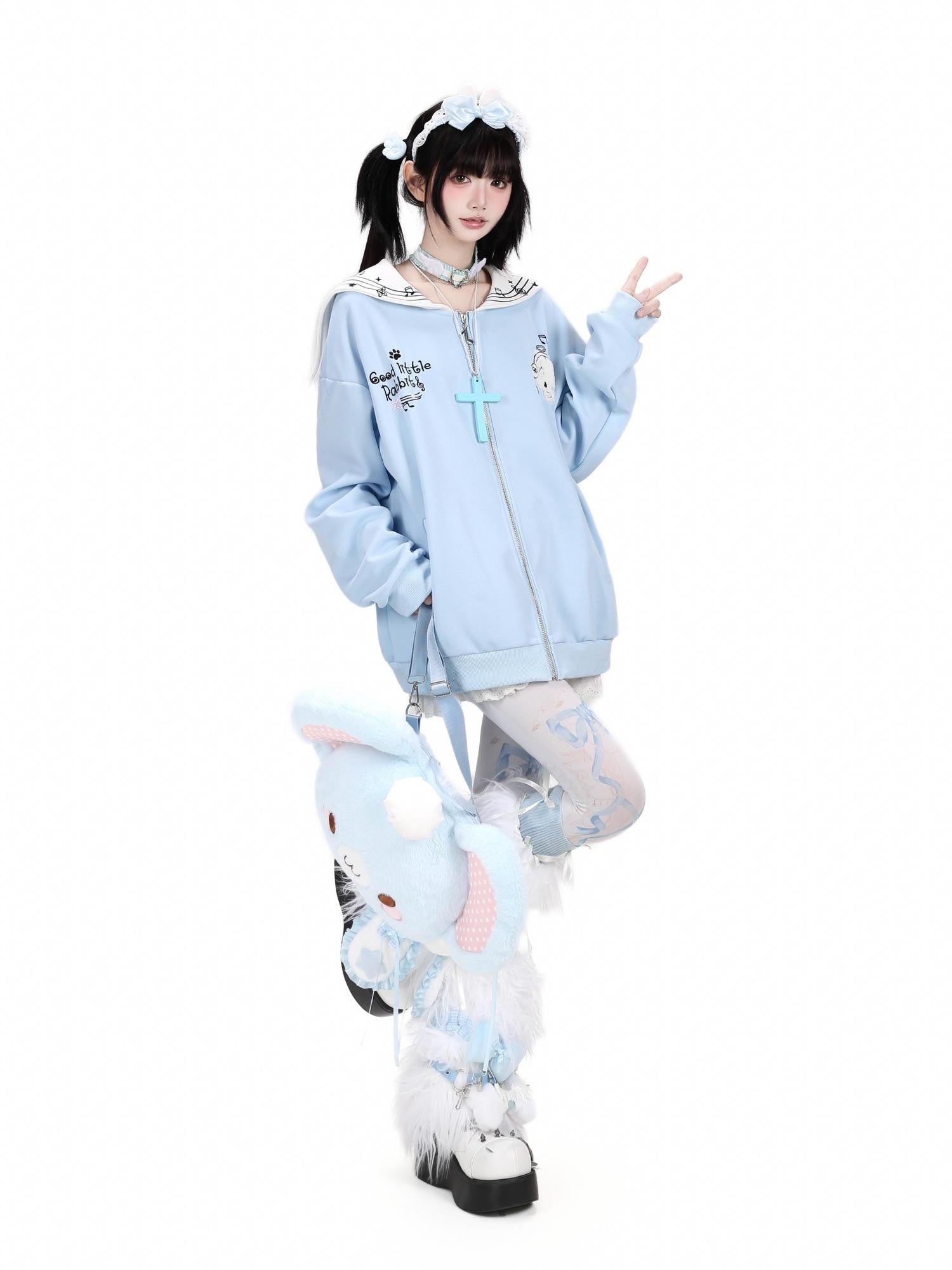 Crazy Girl Star Bunny Embroidery Striped Sailor Collar Loose Women&