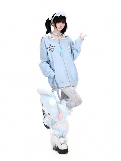Crazy Girl Star Bunny Embroidery Striped Sailor Collar Loose Women&