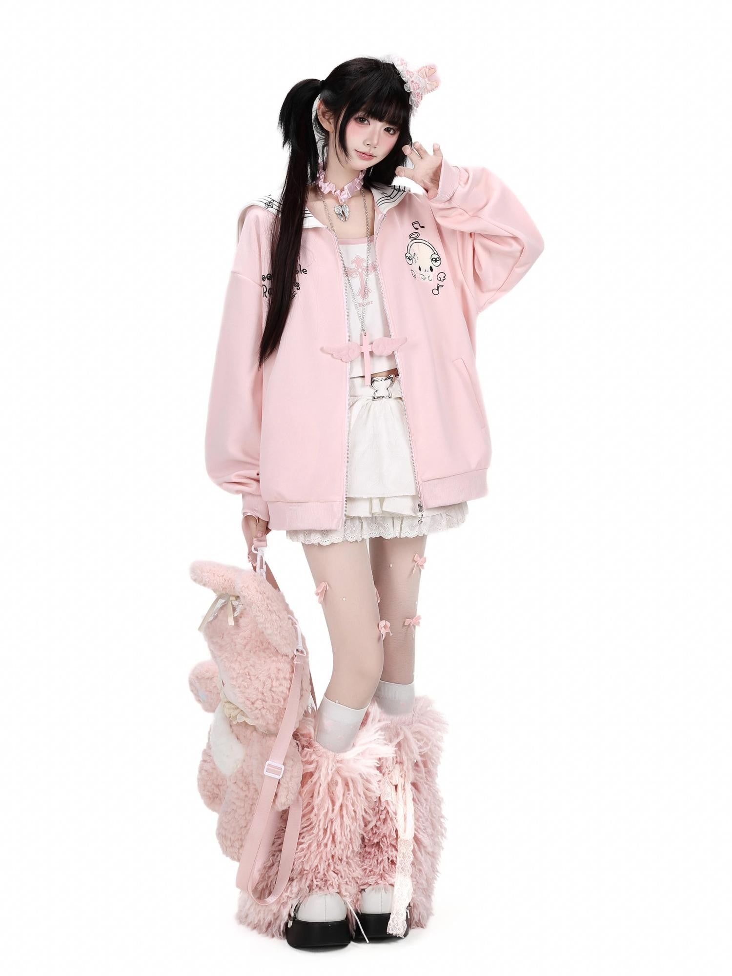 Crazy Girl Star Bunny Embroidery Striped Sailor Collar Loose Women&
