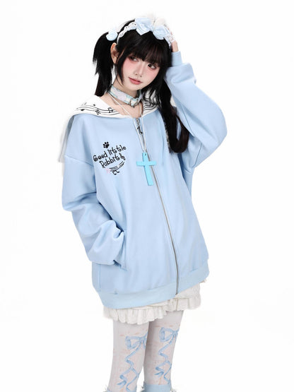 Crazy Girl Star Bunny Embroidery Striped Sailor Collar Loose Women&