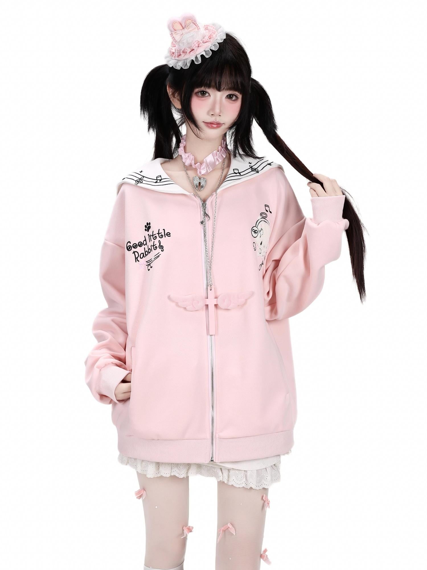 Crazy Girl Star Bunny Embroidery Striped Sailor Collar Loose Women&