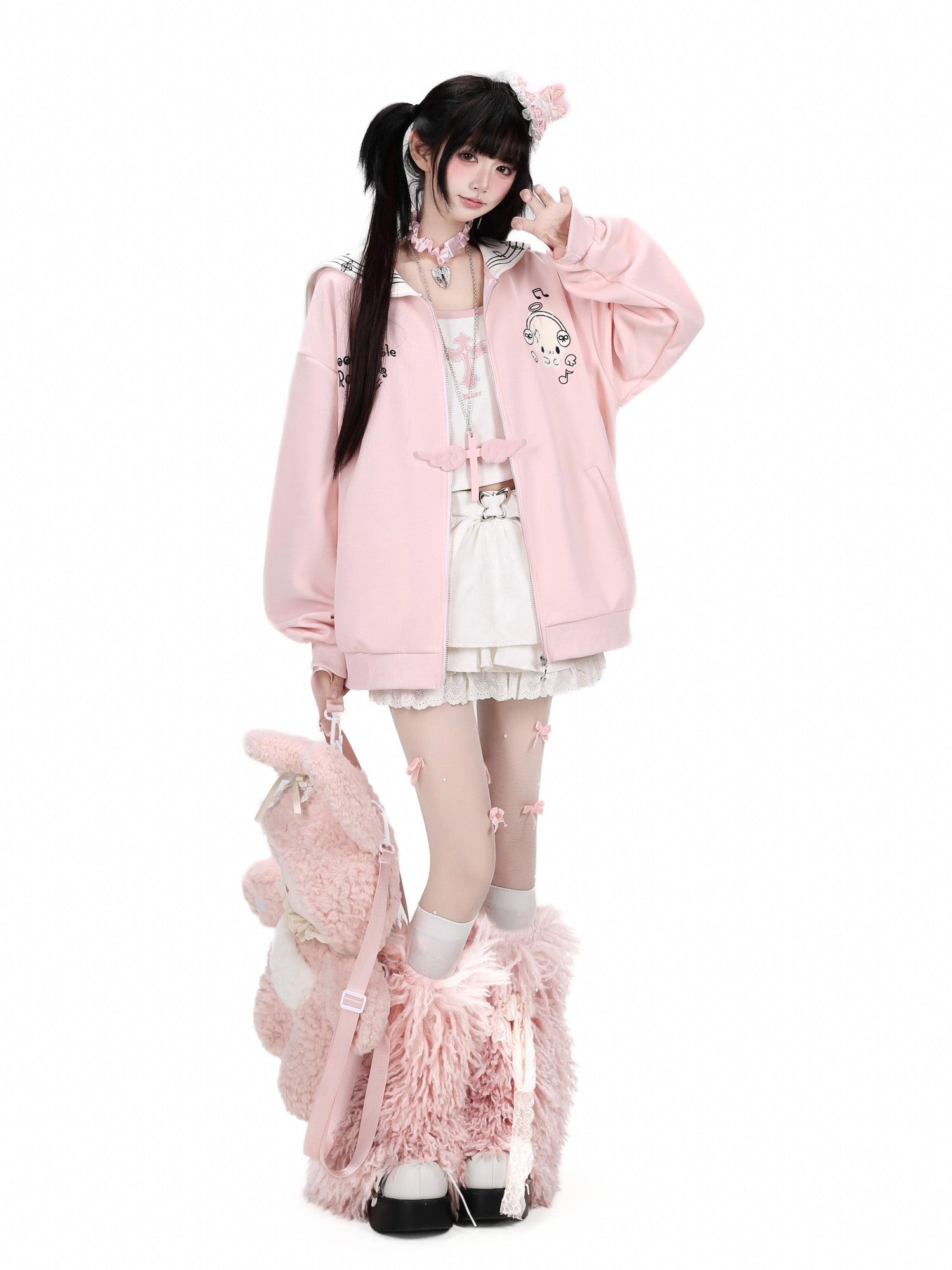 Crazy Girl Star Bunny Embroidery Striped Sailor Collar Loose Women&