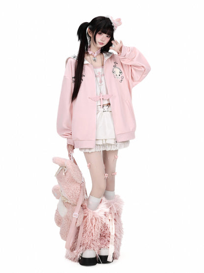 Crazy Girl Star Bunny Embroidery Striped Sailor Collar Loose Women&