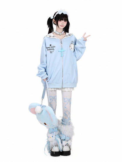 Crazy Girl Star Bunny Embroidery Striped Sailor Collar Loose Women&