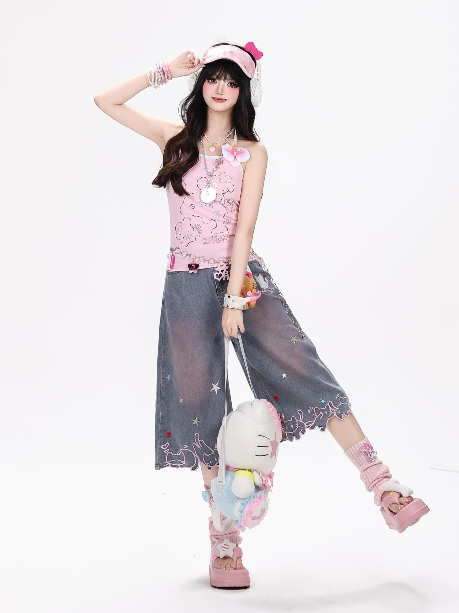 Crazy Girl Star Cat Embroidered Gradient Loose High Waist Women&
