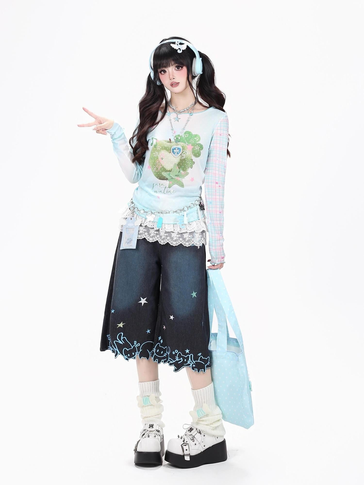 Crazy Girl Star Cat Embroidered Gradient Loose High Waist Women&