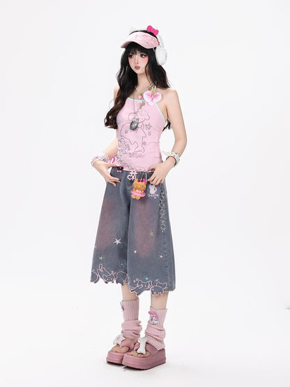 Crazy Girl Star Cat Embroidered Gradient Loose High Waist Women&