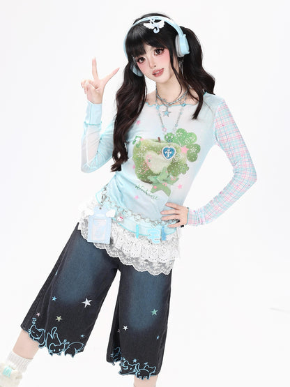 Crazy Girl Star Cat Embroidered Gradient Loose High Waist Women&
