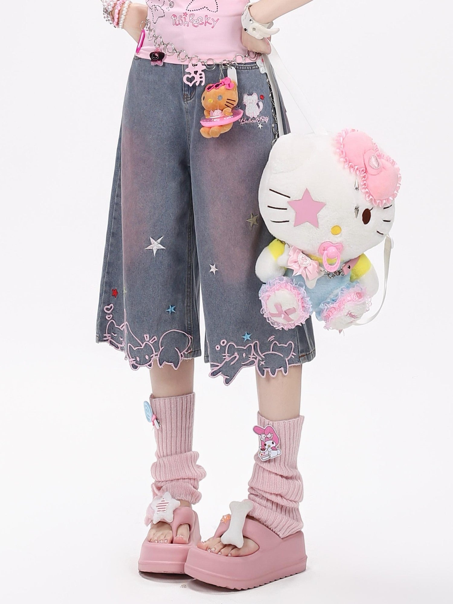 Crazy Girl Star Cat Embroidered Gradient Loose High Waist Women&