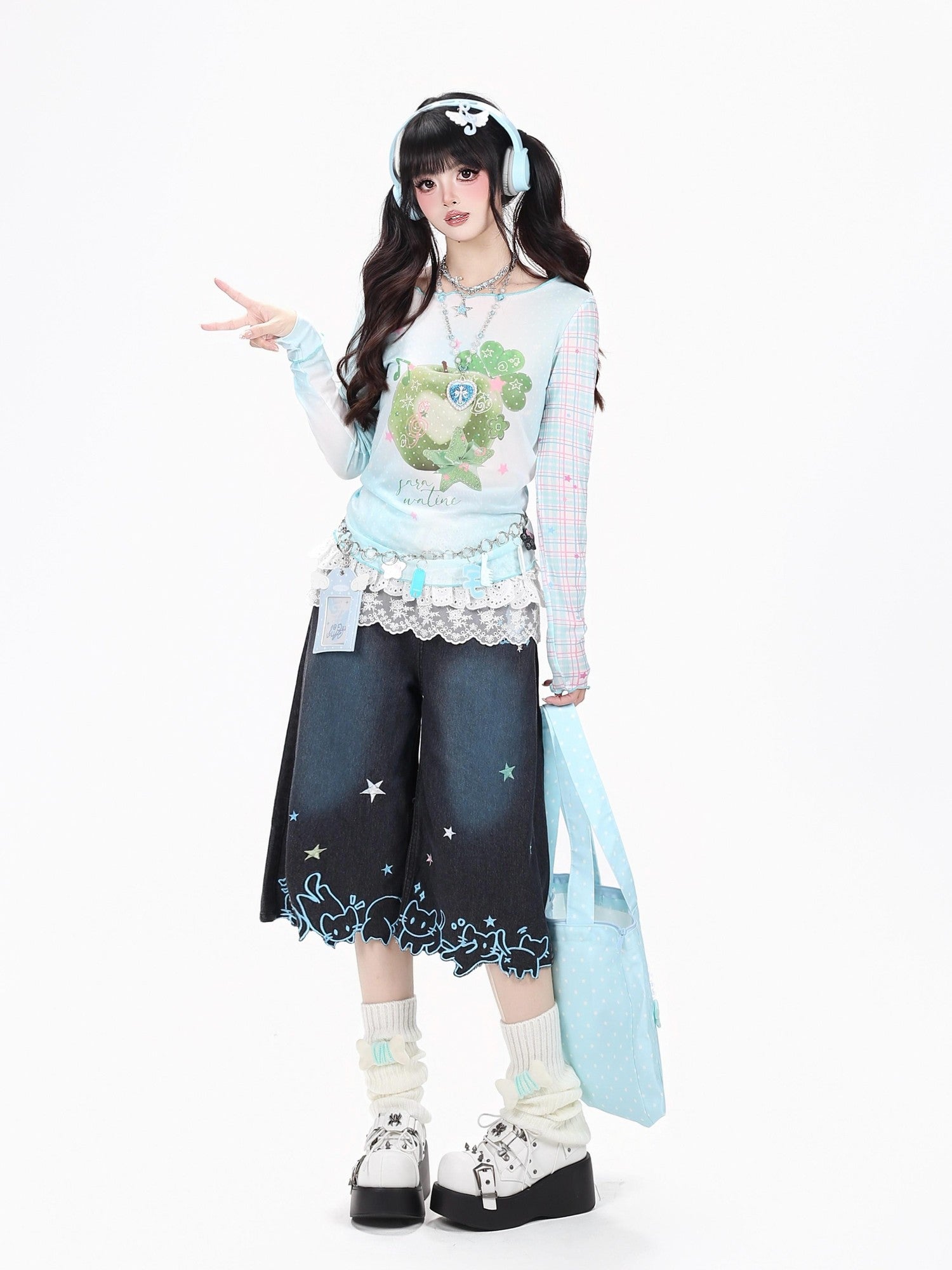 Crazy Girl Star Cat Embroidered Gradient Loose High Waist Women&