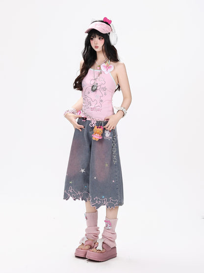 Crazy Girl Star Cat Embroidered Gradient Loose High Waist Women&