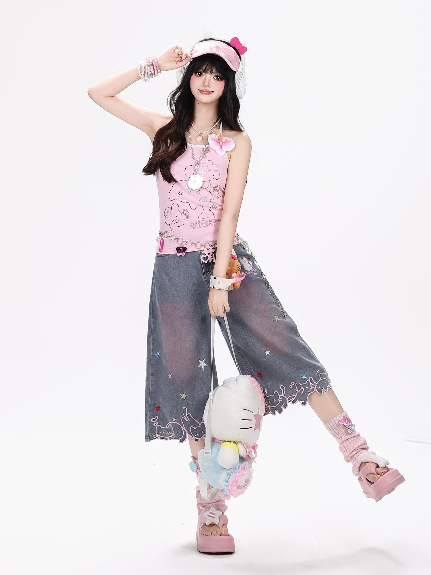 Crazy Girl Star Cat Embroidered Gradient Loose High Waist Women&