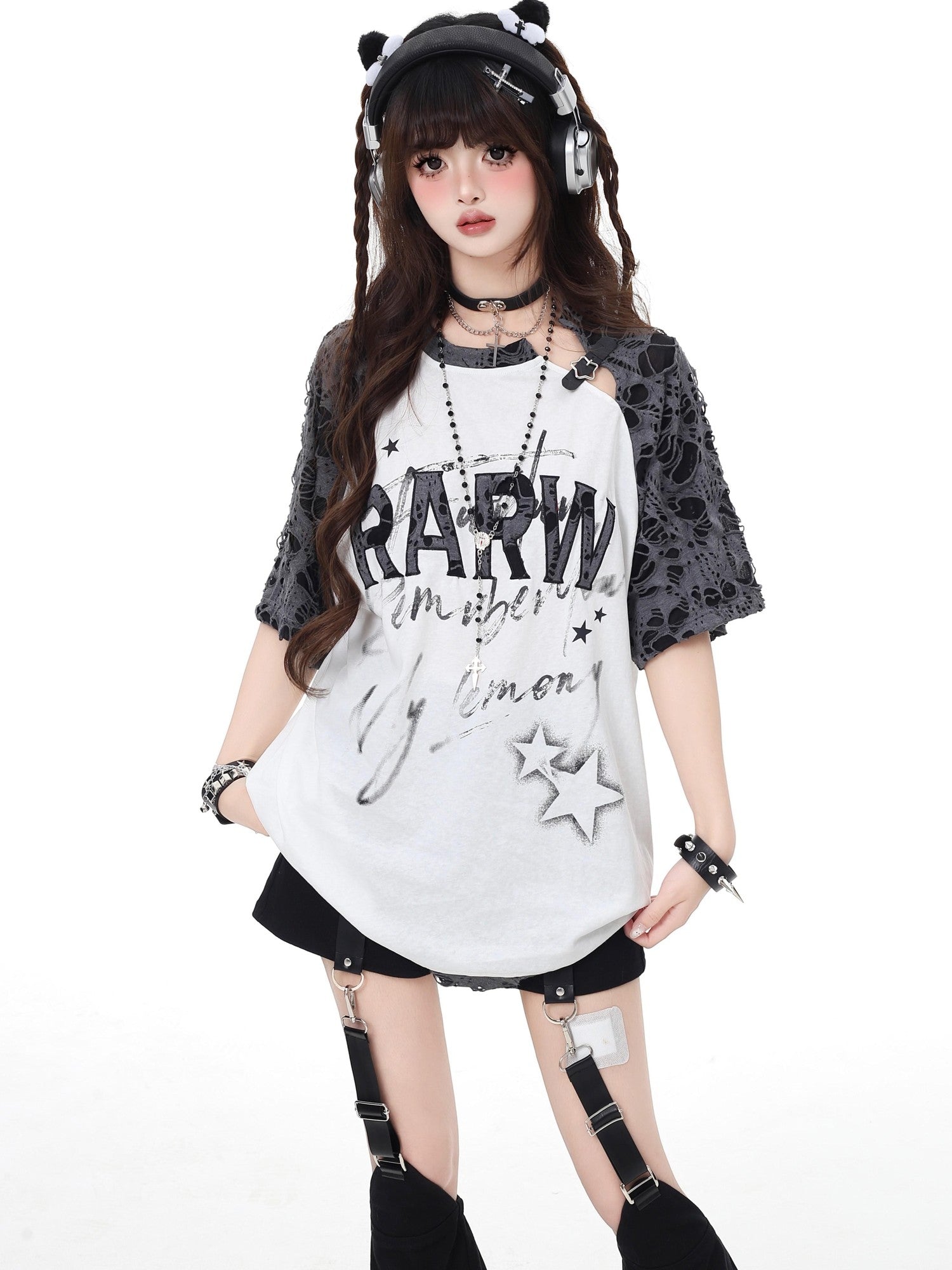 Crazy Girl Star Distressed Patchwork Raglan Women&