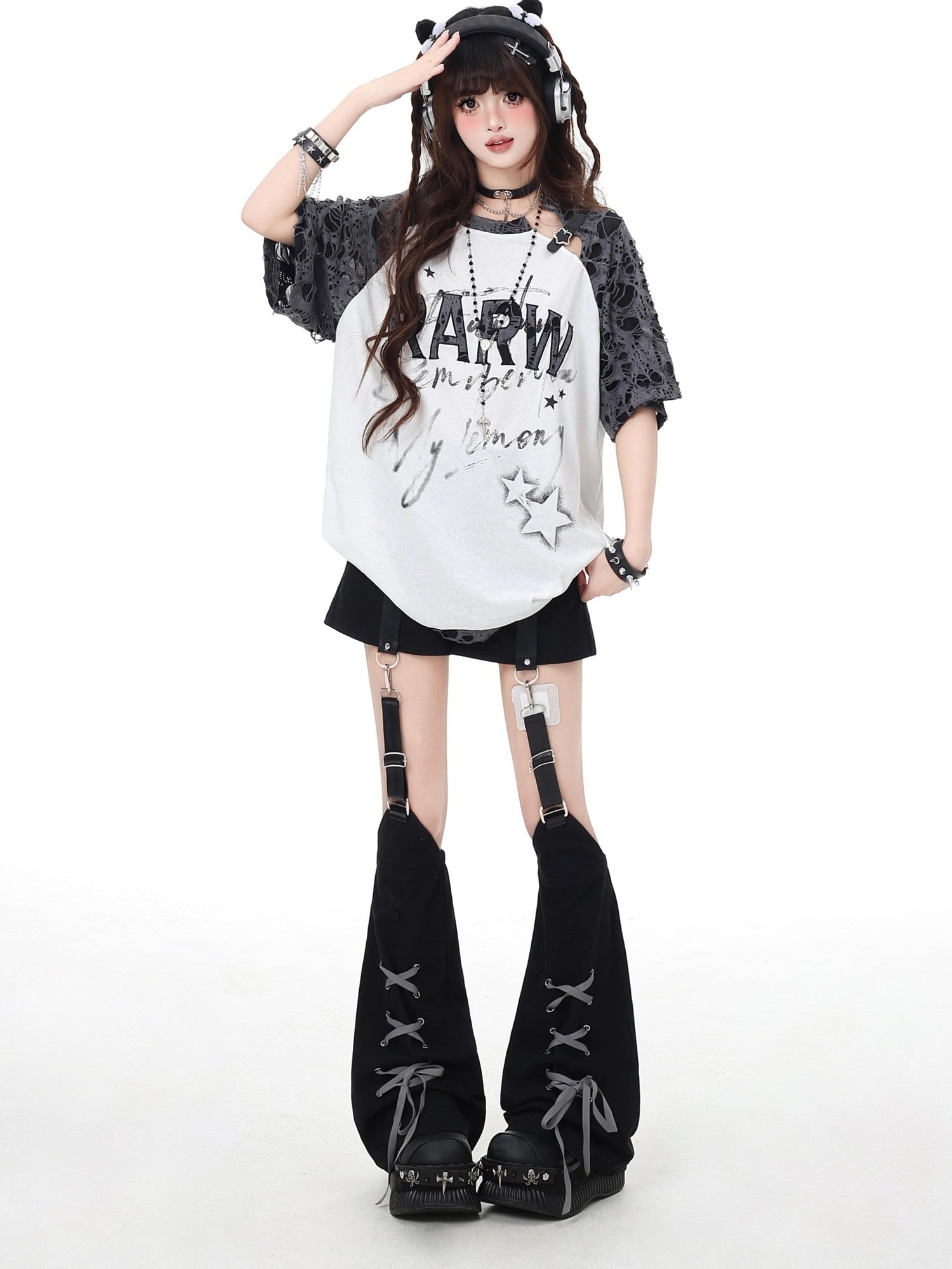 Crazy Girl Star Distressed Patchwork Raglan Women&