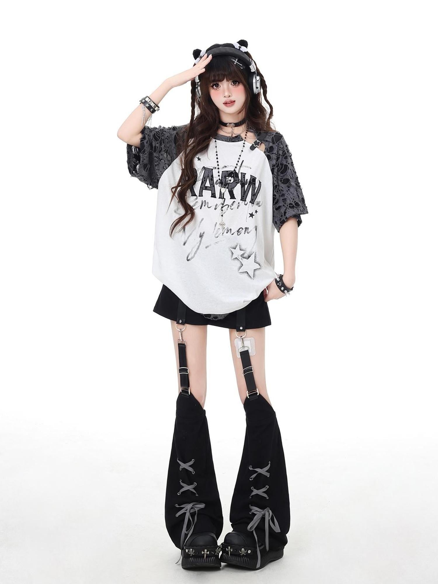 Crazy Girl Star Distressed Patchwork Raglan Women&