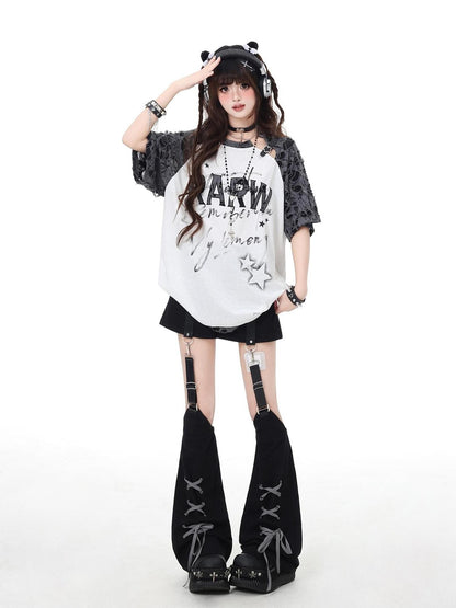 Crazy Girl Star Distressed Patchwork Raglan Women&