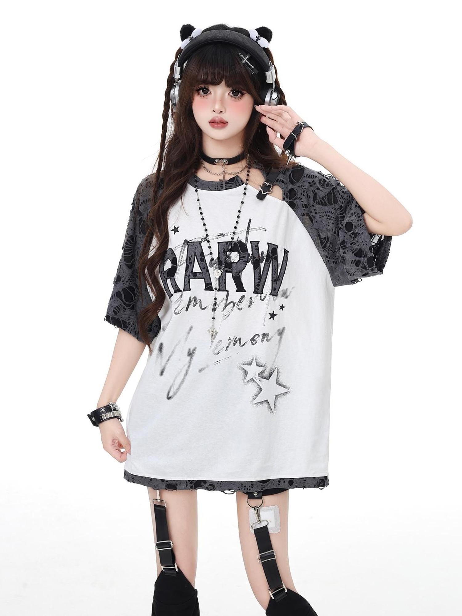 Crazy Girl Star Distressed Patchwork Raglan Women&