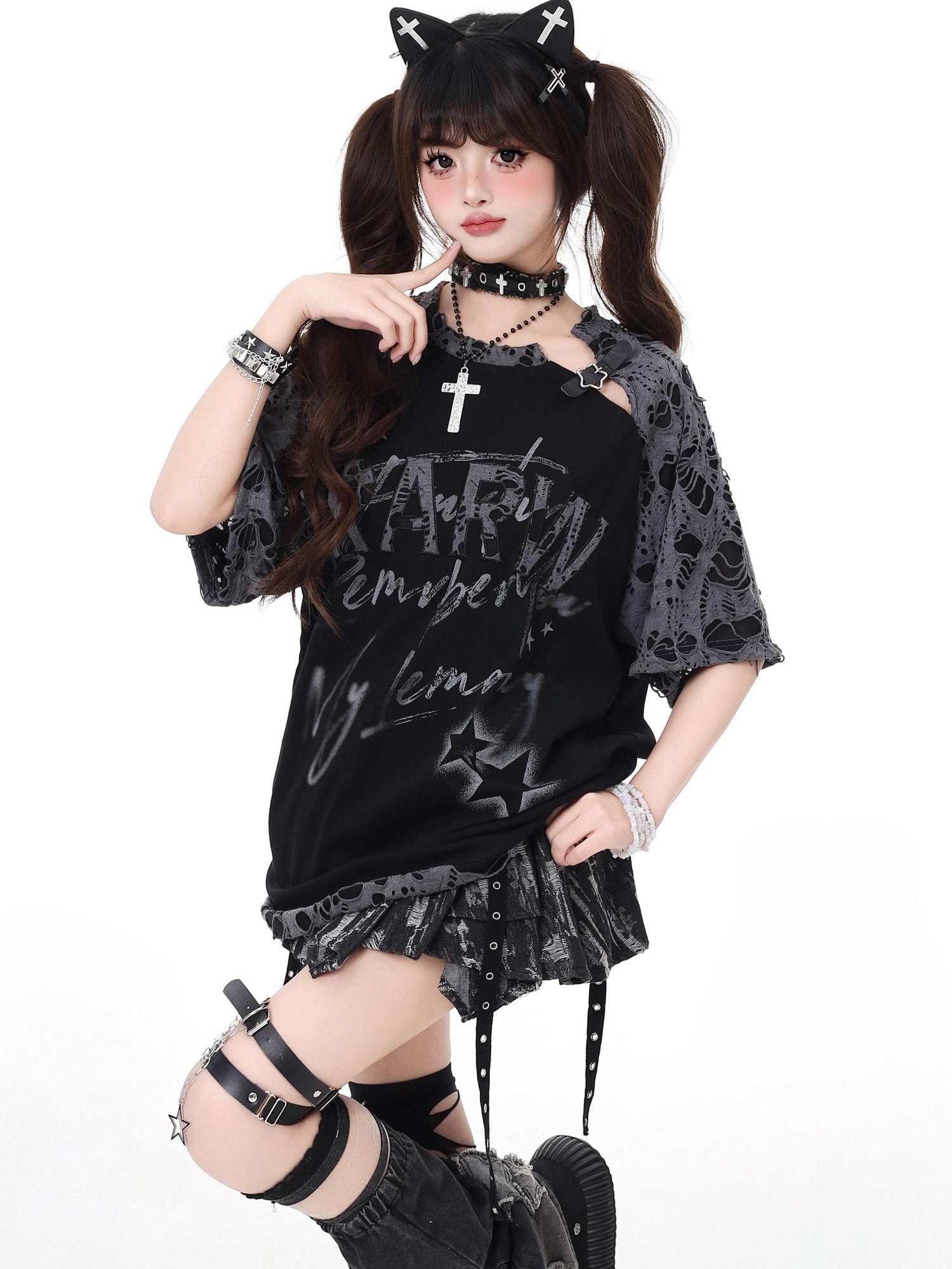 Crazy Girl Star Distressed Patchwork Raglan Women&