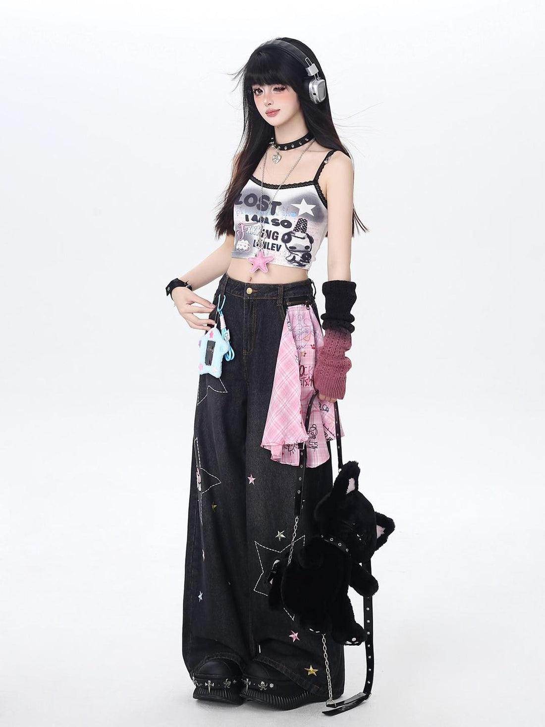Crazy Girl Star Embroidered Card Pocket High Waist Women&