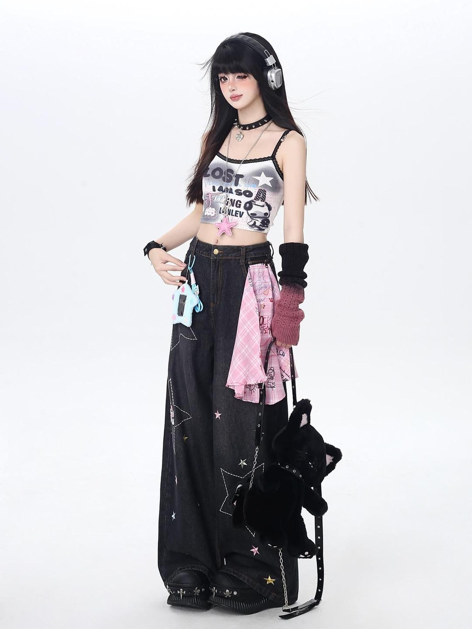 Crazy Girl Star Embroidered Card Pocket High Waist Women&