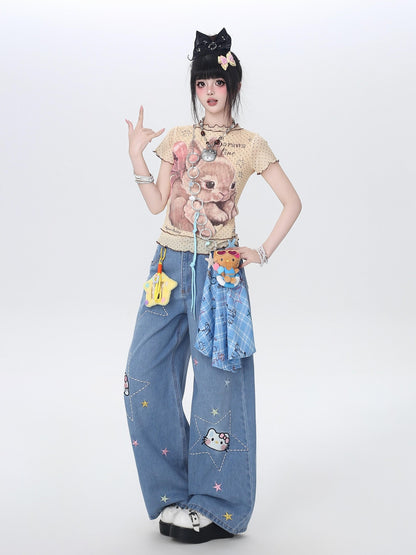 Crazy Girl Star Embroidered Card Pocket High Waist Women&
