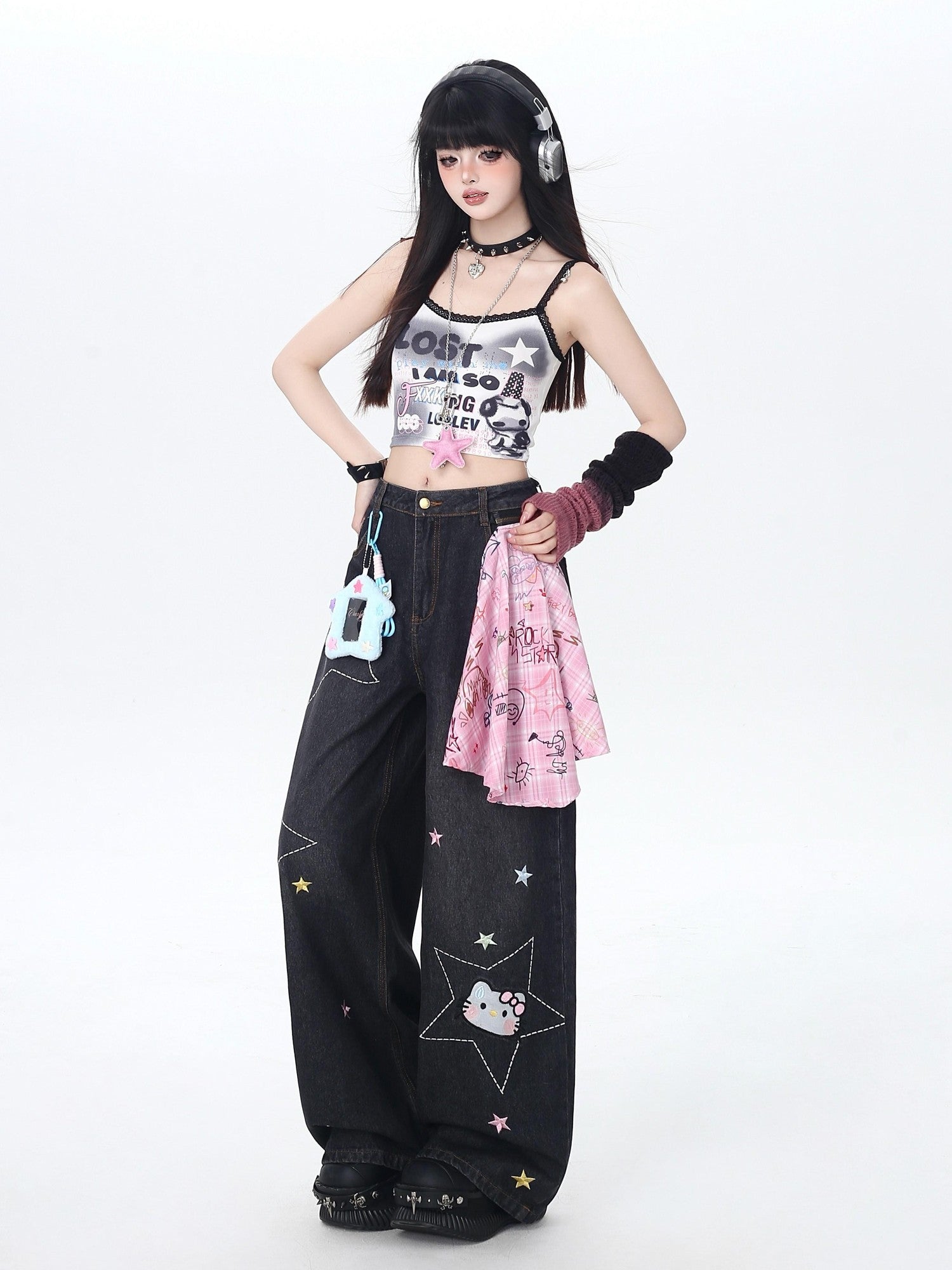 Crazy Girl Star Embroidered Card Pocket High Waist Women&