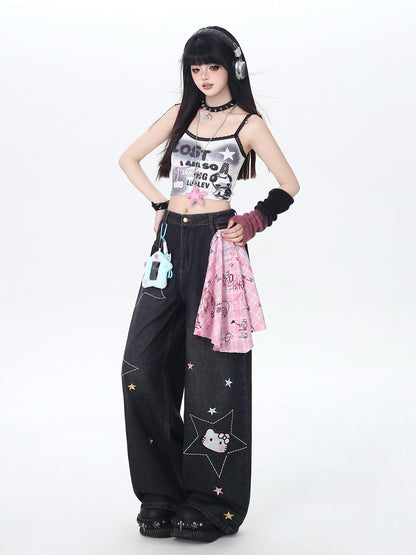 Crazy Girl Star Embroidered Card Pocket High Waist Women&