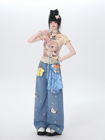 Crazy Girl Star Embroidered Card Pocket High Waist Women&