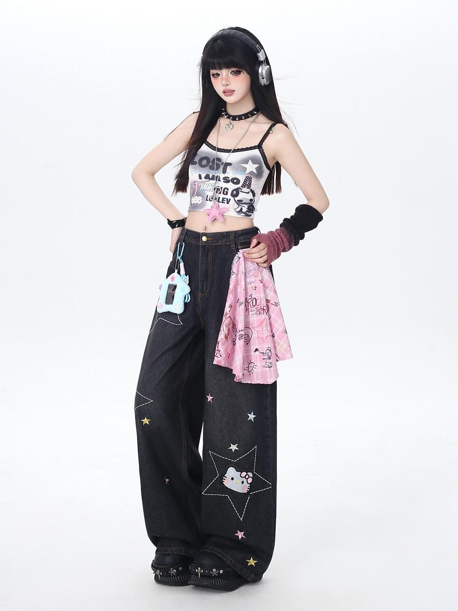 Crazy Girl Star Embroidered Card Pocket High Waist Women&